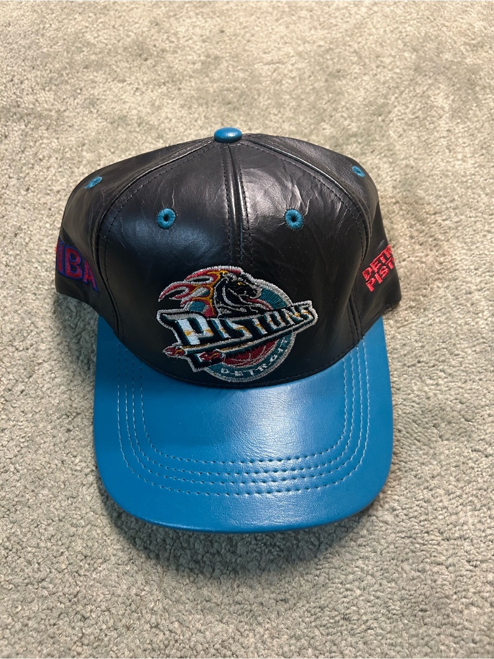 Vintage 90s Rare Detroit Pistons NBA Jeff Hamilton Leather Snapback Hat 1996
